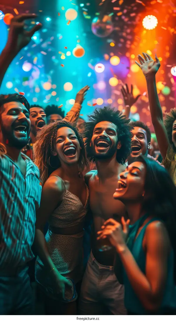 A group of diverse people dancing and enjoying themselves at a party