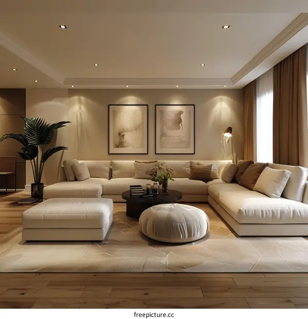 Modern Minimalist Living Room with Cream Sectional Sofa