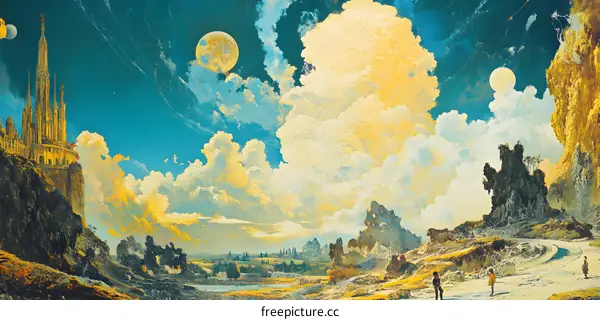 Fantasy Landscape with a Tall Castle on a Cliff and Three Moons