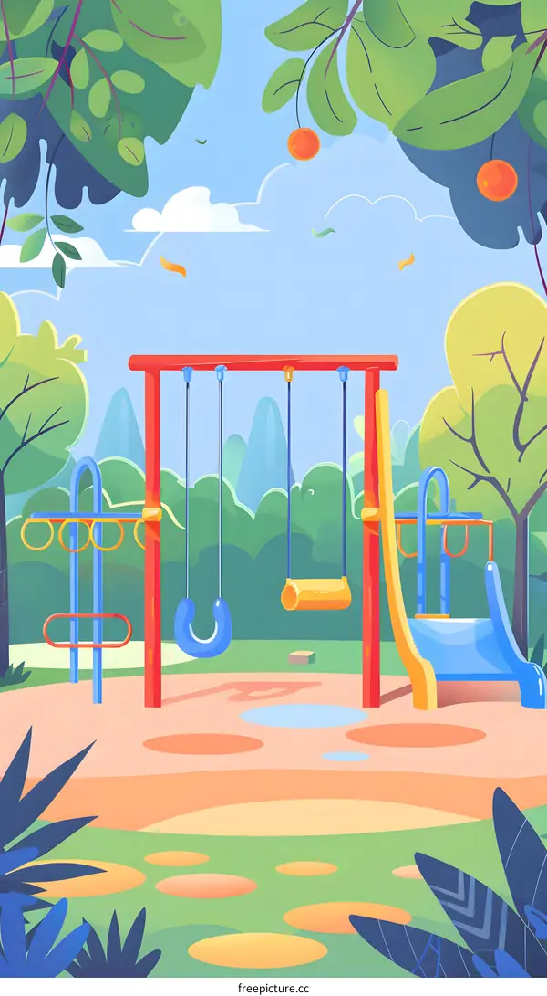 Cartoon Illustration of a Colorful Playground in a Green Park