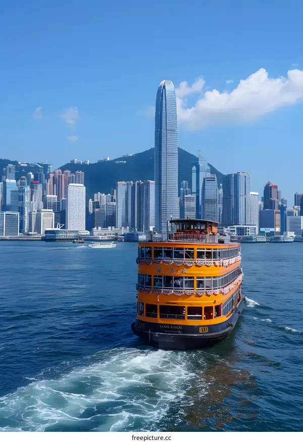 Hong Kong skyline and Victoria Harbour with a Star Ferry in the foreground