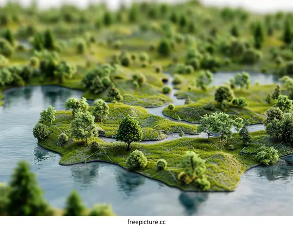 A verdant miniature landscape with a flowing river
