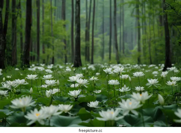 White flowers bloom in a green forest