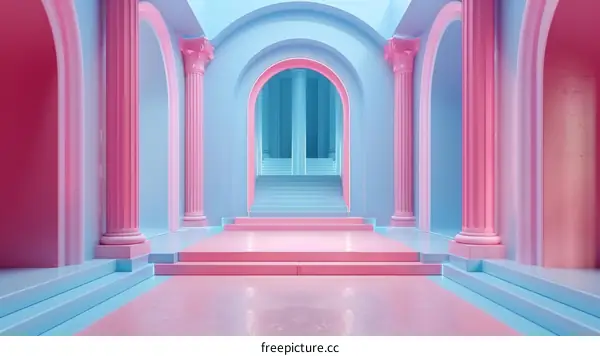 Pastel Pink and Blue Architectural Hallway