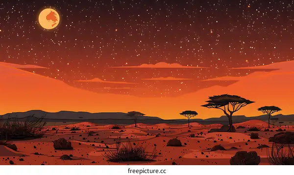 Night Sky over Desert Landscape with Stars and Moon