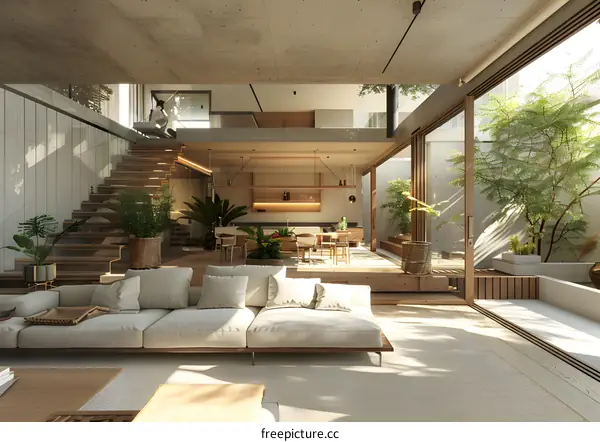 Modern Open Plan Living Room With Courtyard