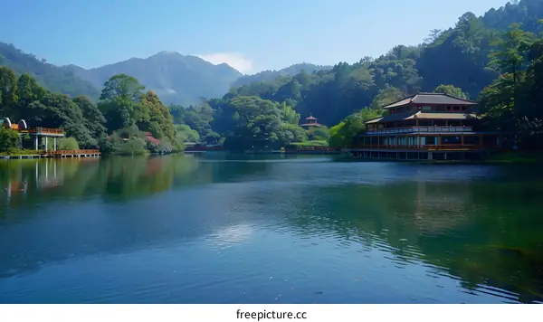 Pavilion by the lake in the mountains
