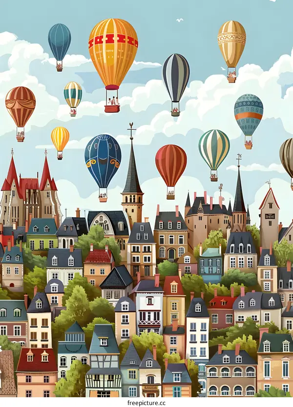 Hot Air Balloons Flying Over European City