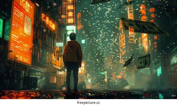 A boy standing in the rain with money falling from the sky