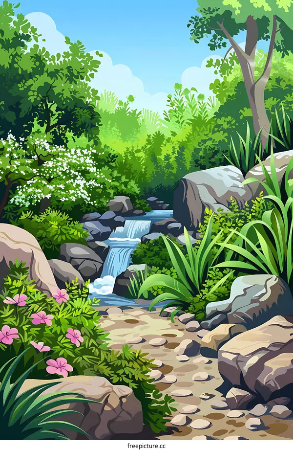 Forest Waterfall Landscape Illustration
