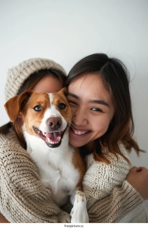 Two young Asian women with a small dog