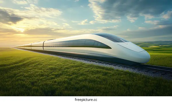 Modern High-Speed Train Across Green Field at Sunset