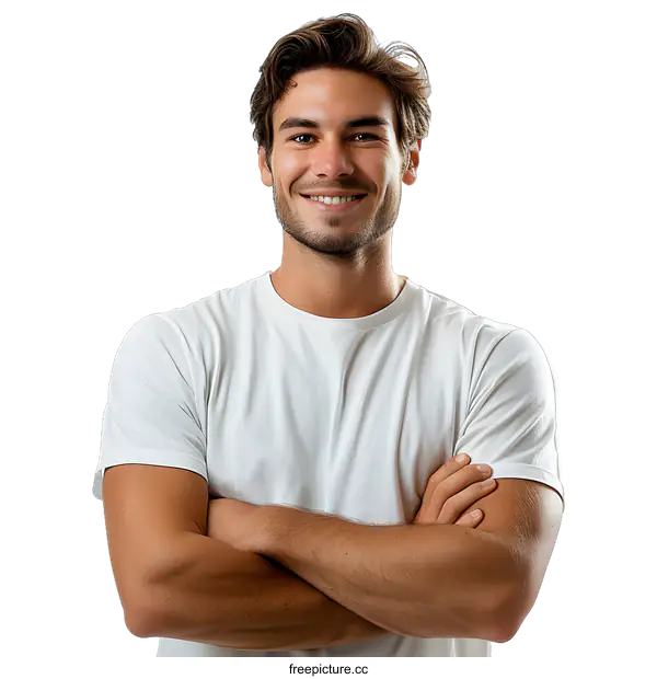 [Transparent Background PNG]Smiling Caucasian Man with Arms Crossed Wearing a White T-Shirt