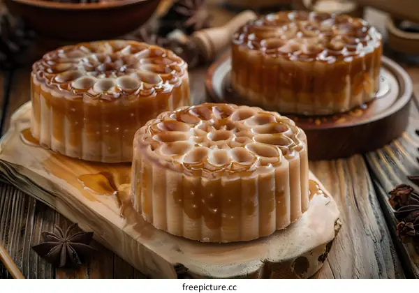 Closeup of Three Round Brown Cakes on a Wooden Surface