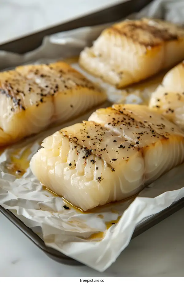 Four pieces of raw white fish fillets on a baking tray
