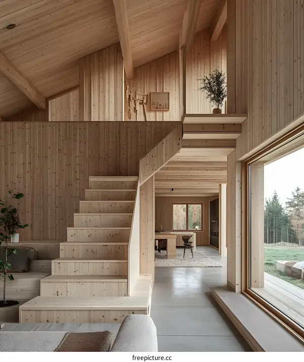 Modern Minimalist Wooden House Interior Design With Stairs and Large Window