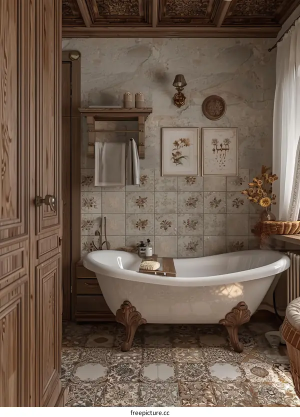Vintage Wooden Bathroom with Antique Bathtub