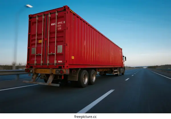 Red Semi Truck Trailer Moving Fast on Highway Road