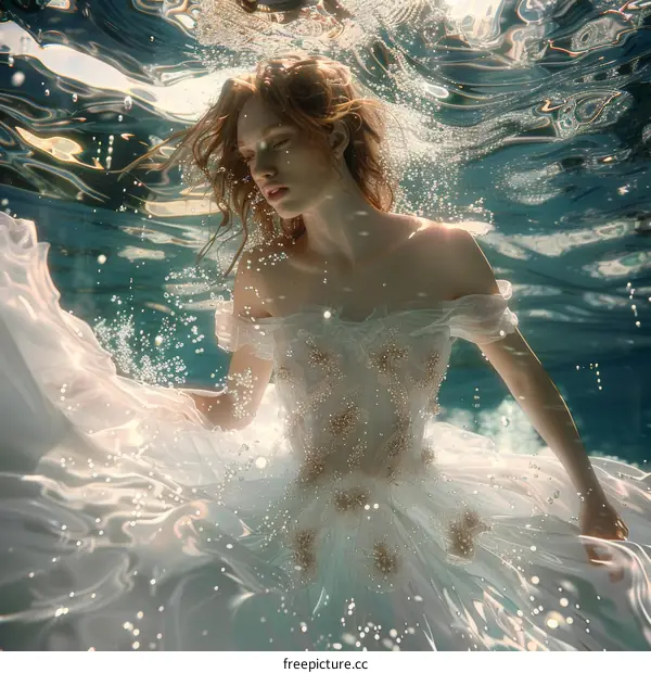 Beautiful Woman in White Dress Underwater
