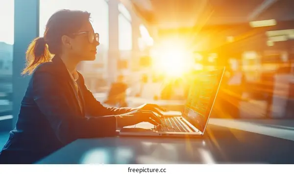 Focused Woman Working on Laptop in Sunny Office