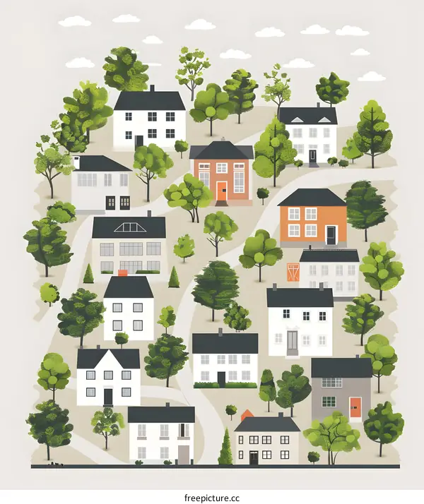 Small Town Illustration with Houses and Trees