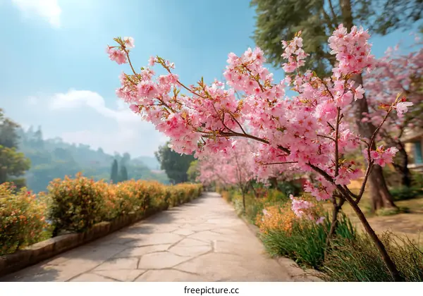 Beautiful Spring Cherry Blossom Path in a Garden