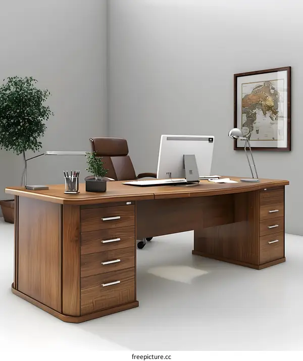 Office interior with wooden desk and leather chair