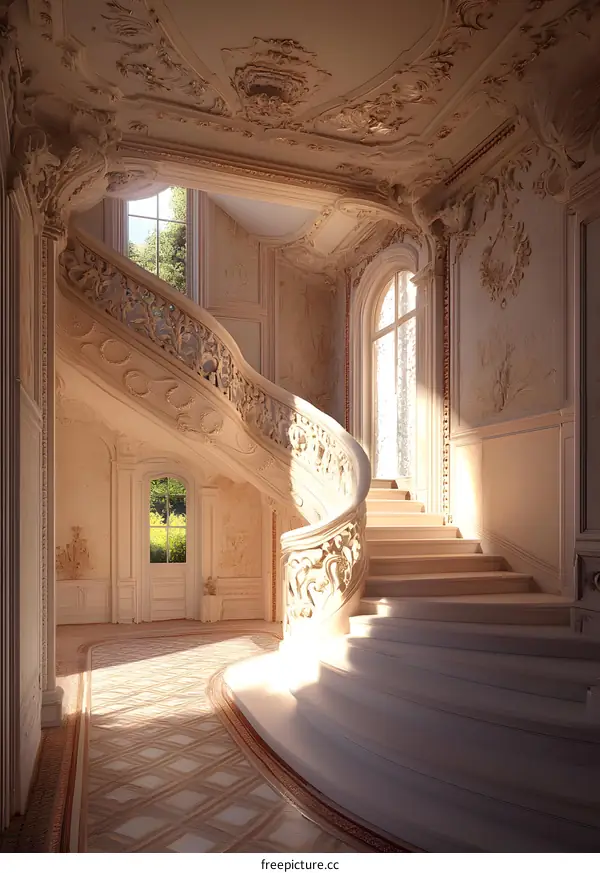 Elegant White Marble Staircase in a Luxurious Mansion