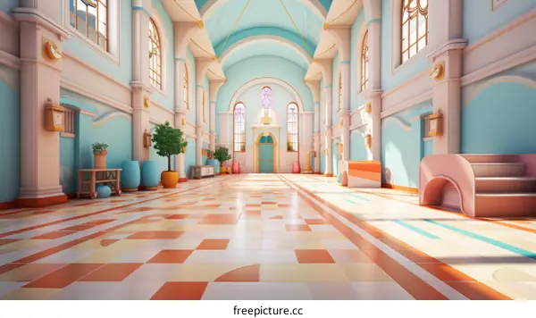 A brightly lit hallway with a colorful tiled floor and arched windows