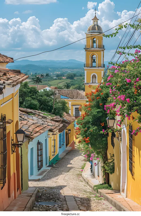 Colorful Cobblestone Street in a Historic Town