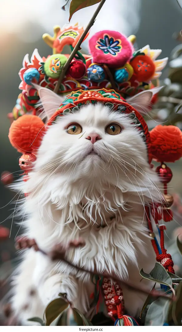 A White Cat Wearing a Traditional Chinese Headdress