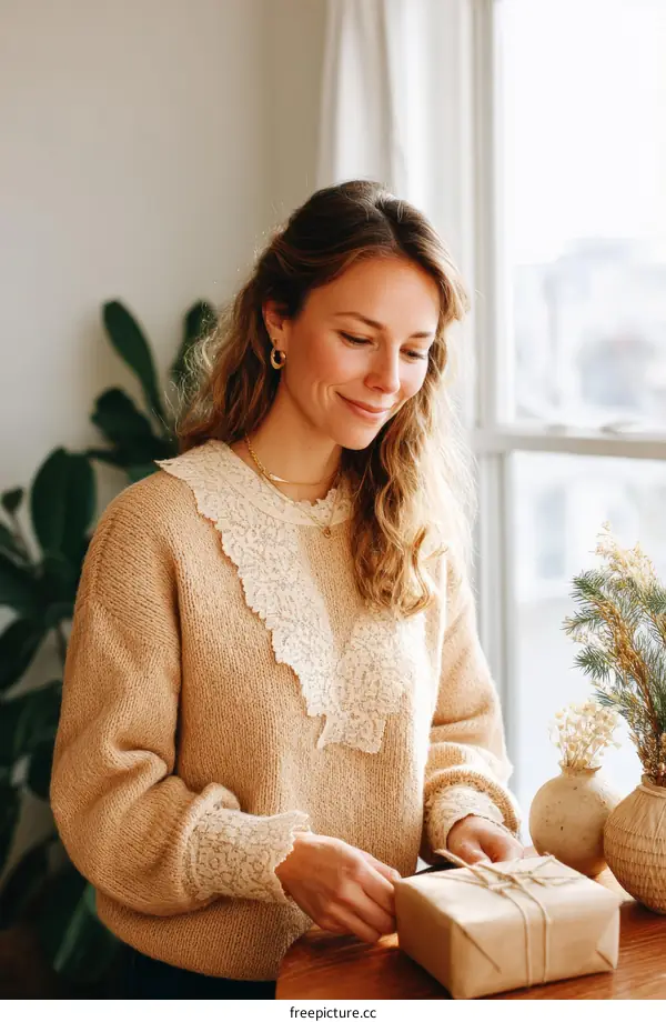 Woman Opening a Gift in a Cozy Home