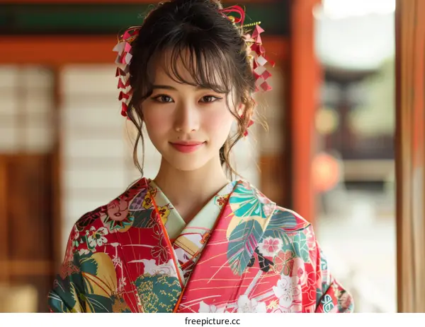 Portrait of a young woman in a kimono with traditional hair accessories and make-up