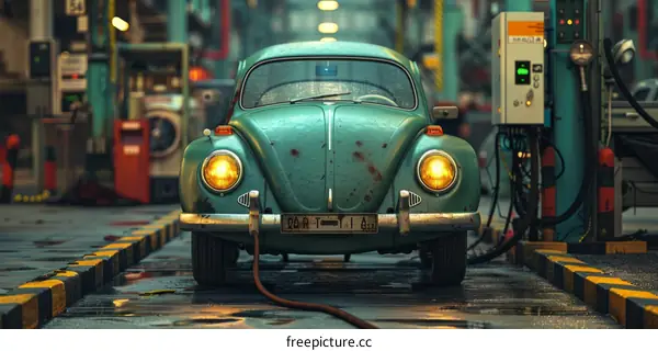 Vintage Green Car in Industrial Factory