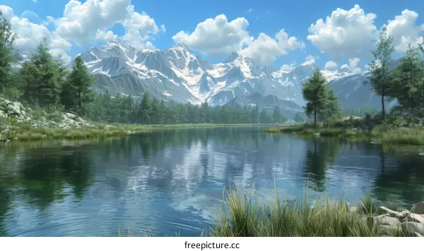 Scenic Landscape of Mountains, Lake, and Forests