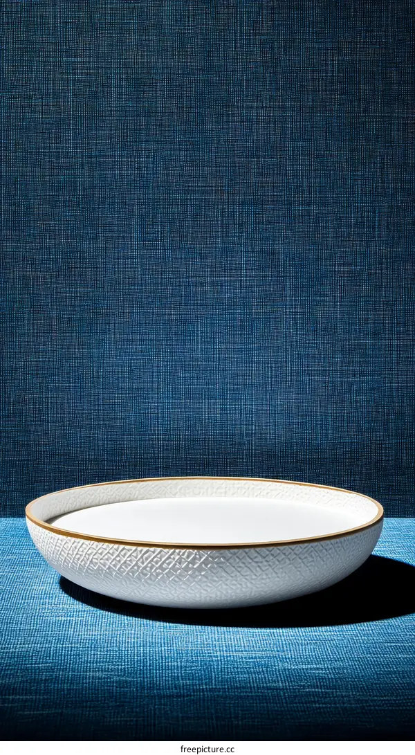 White Ceramic Bowl on Blue Fabric Background