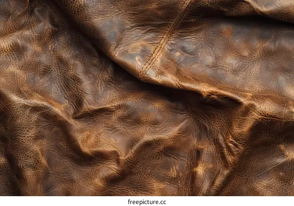 Closeup of brown crumpled genuine leather texture background
