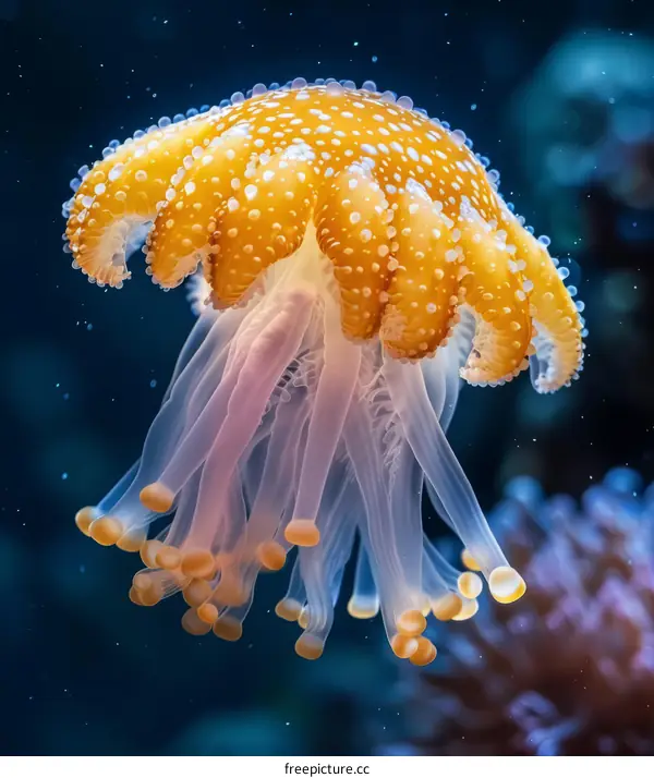A glowing jellyfish with long, trailing tentacles.