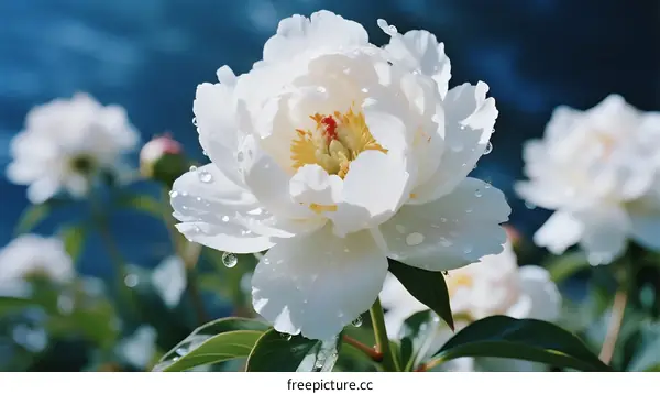 Beautiful White Peony Flower with Dew Drops in Nature