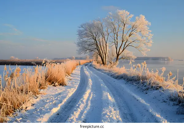 Snowy Road by the Frozen Lake
