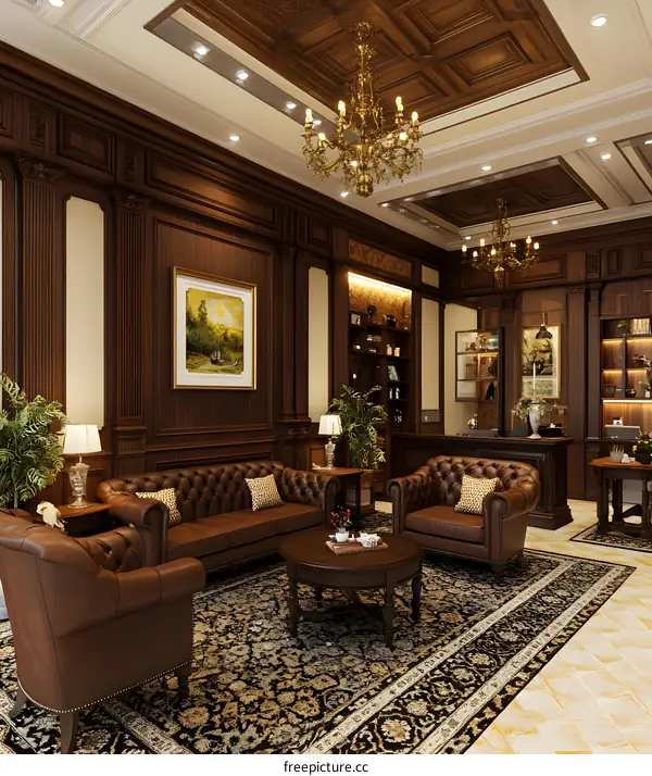 Luxury Living Room Interior Design with Dark Wood Paneling