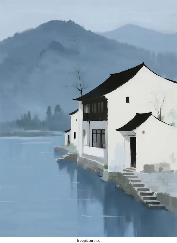 A serene traditional Chinese village by misty lake with white buildings