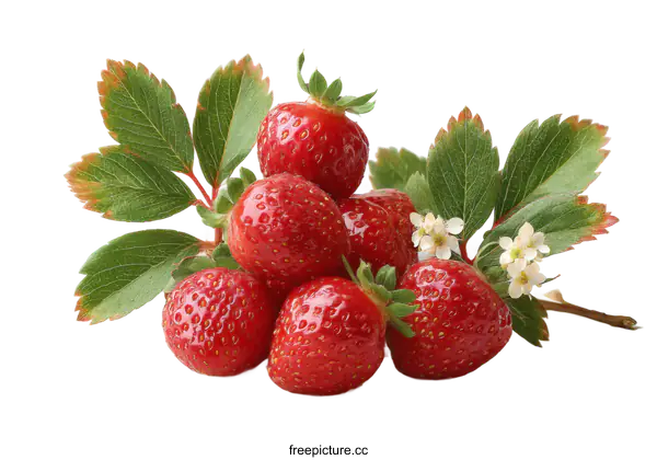 [Transparent Background PNG]Fresh Strawberries with Leaves and Flowers