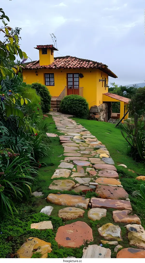 A stone path leads to a small yellow house in the countryside