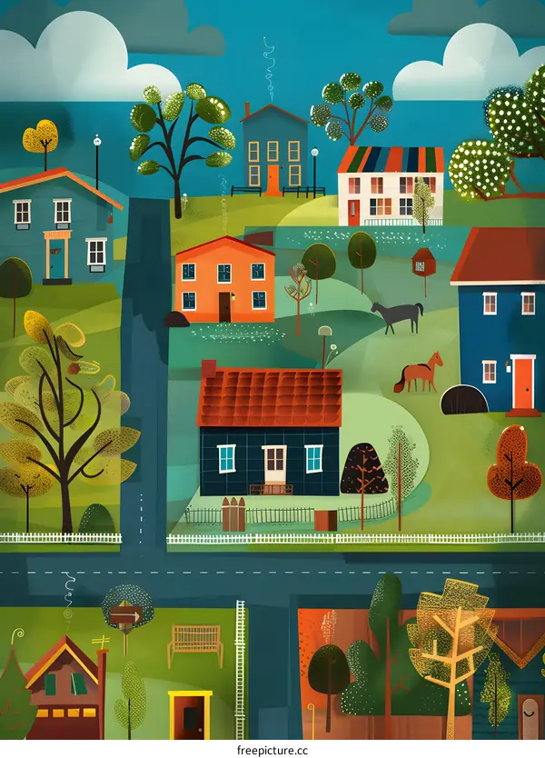 Colorful Houses Illustration With Trees And Sky