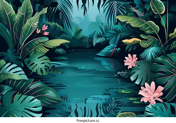 Tropical Jungle Landscape With Lush Green Foliage and Water