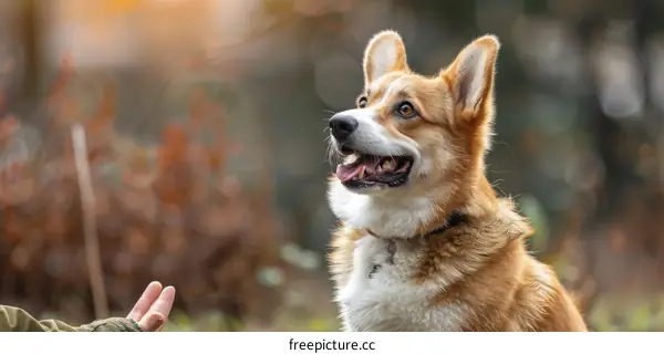 A cute corgi dog looking up at its owner in the park