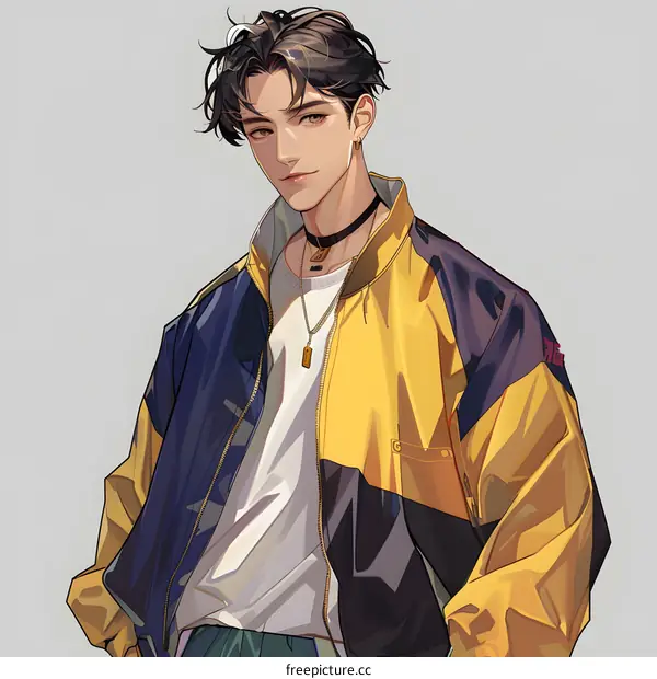 A handsome young man with long black hair wearing a yellow and blue jacket