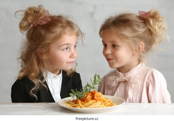 Two Caucasian girls eating pasta