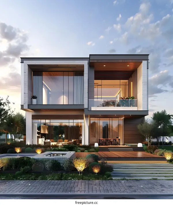 Modern Two Story Home with Large Windows and Patio